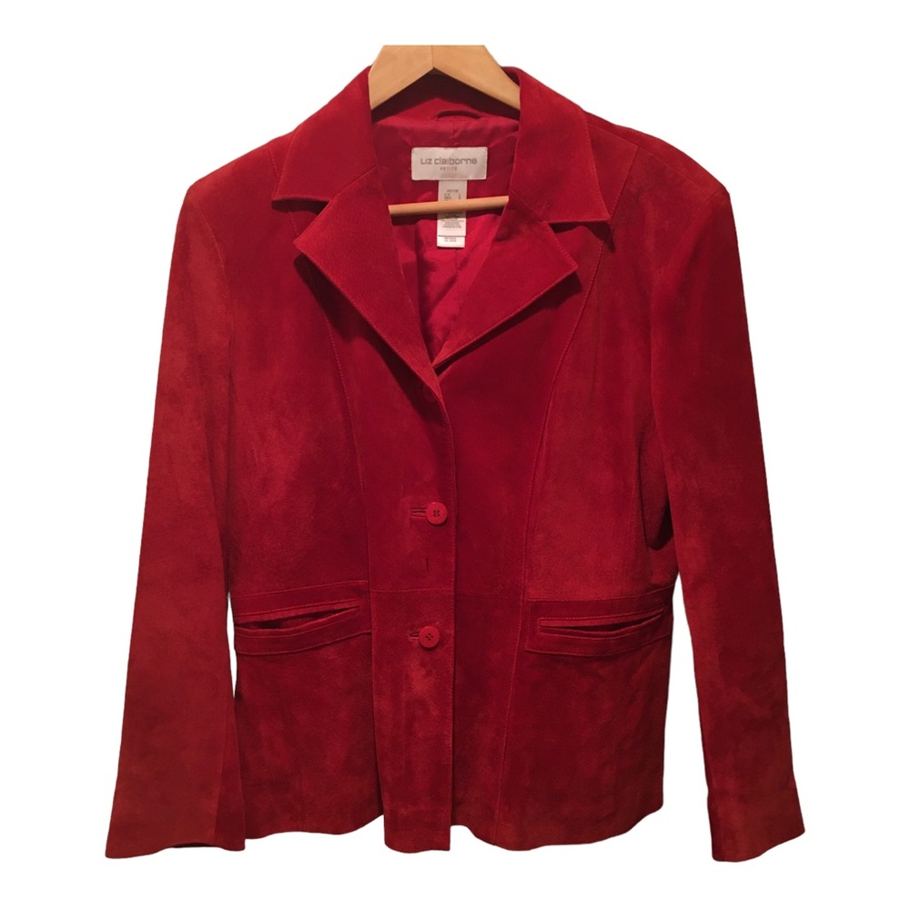 Liz Claiborne Women’s Suede Blazer, Cherry Red, Size Petite L, Good Condition